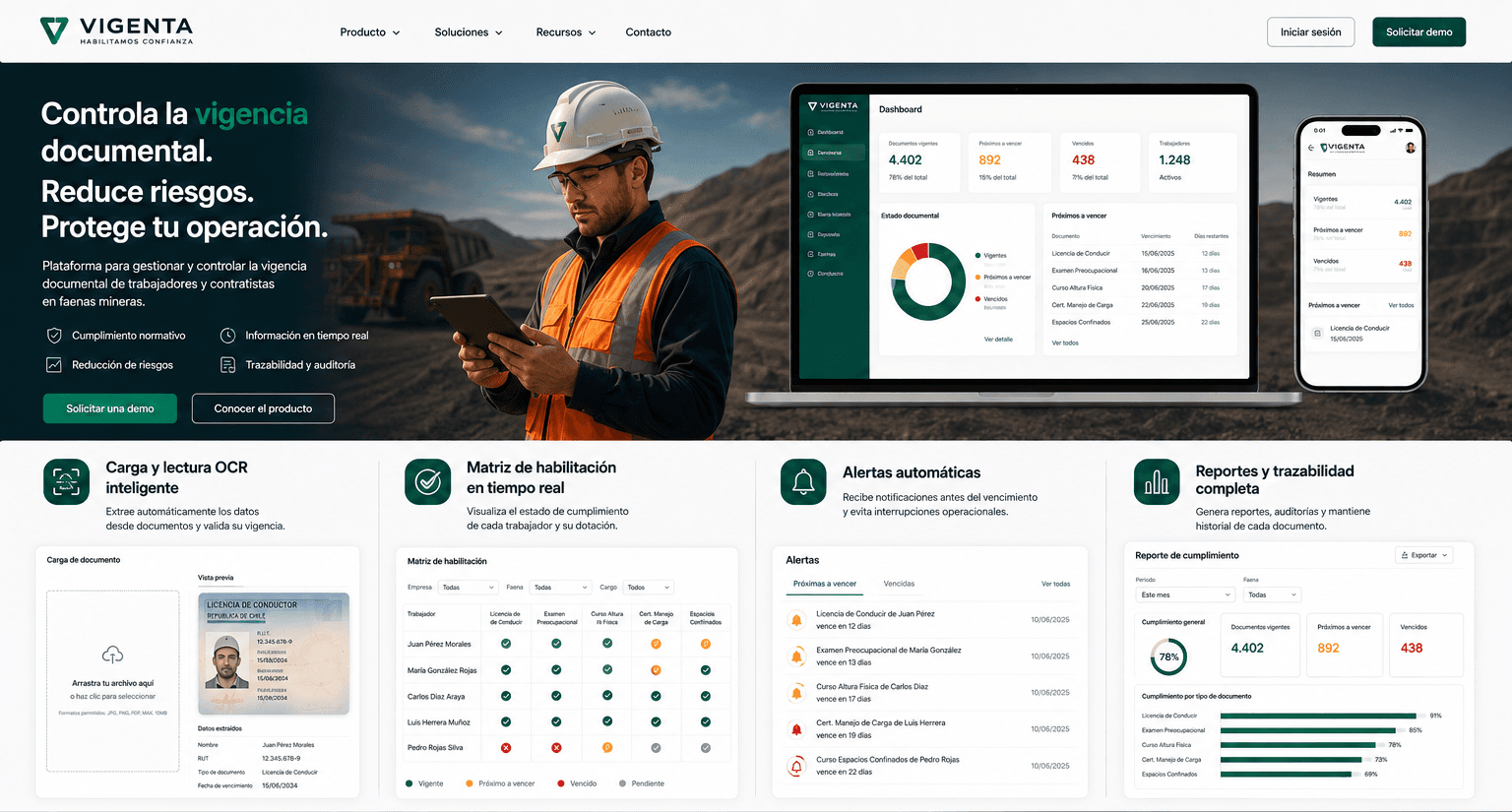 Vista previa de la plataforma Vigenta: dashboard, carga de documentos con IA, matriz de habilitación, alertas y reportes